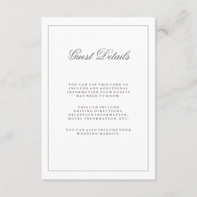 Simple White and Grey Wedding Guest Information Enclosure Card (Front)