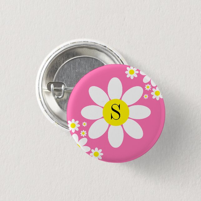 Simple White and Hot Pink Daisy design Initial 1 Inch Round Button (Front & Back)