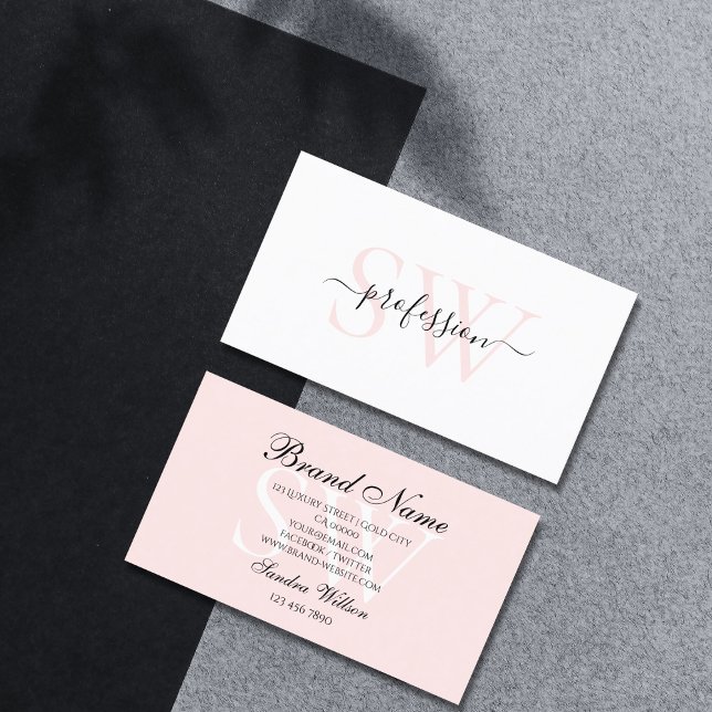 Simple White and Light Pastel Pink with Monogram Business Card (Creator Uploaded)