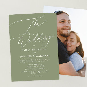 Simple White and Sage Green Photo Back Wedding Invitation