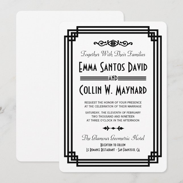 Simple White & Black Art Deco Wedding Invites (Front/Back)