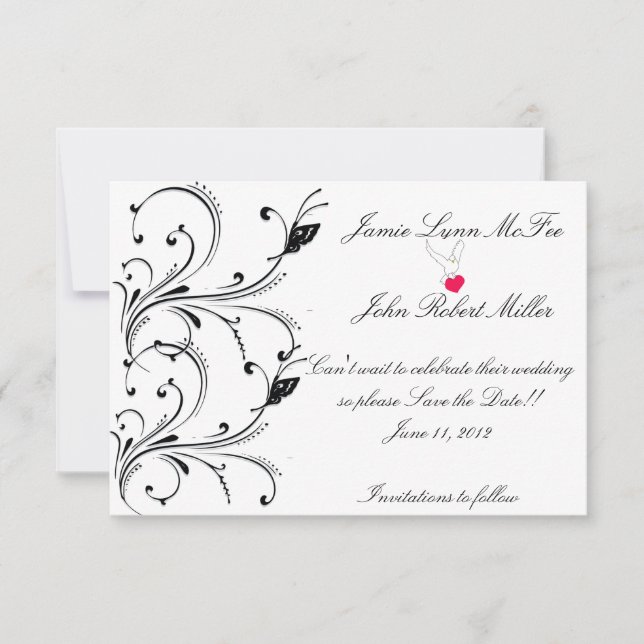 Simple White Black Butterfly Scroll Save the Date  (Front)
