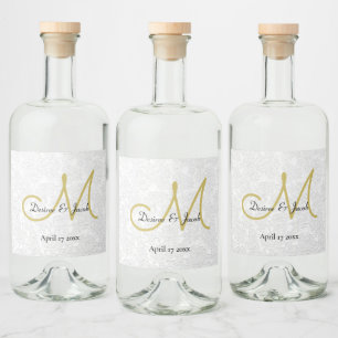 Simple White Black Gold Elegant Wedding Monogram Liquor Bottle Label