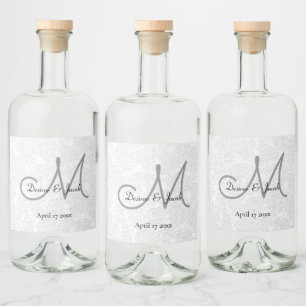 Simple White Black Grey Elegant Wedding Monogram Liquor Bottle Label