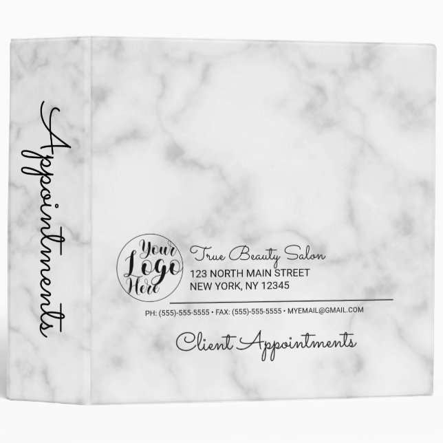 Simple White Black Marble Business Appointment Binder (Front/Spine)
