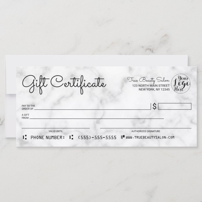 Simple White Black Marble Check Gift Certificate (Front)