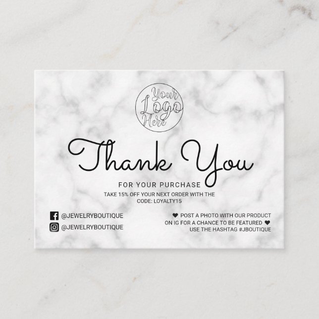 Simple White Black Marble Customer Thank You Business Card (Front)