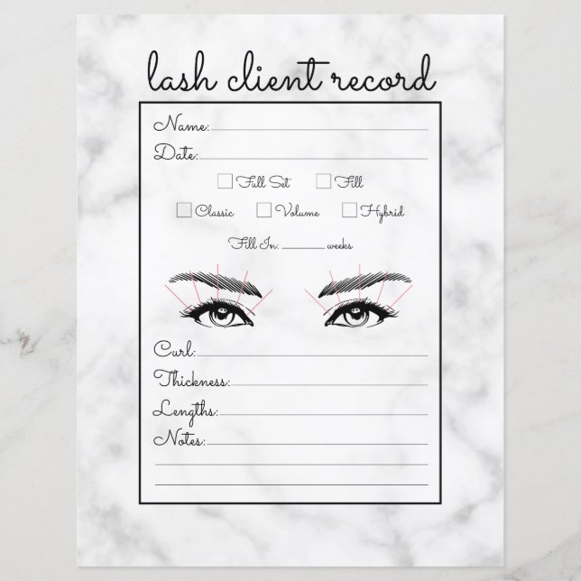 Simple White Black Marble Lash Client Record (Front)