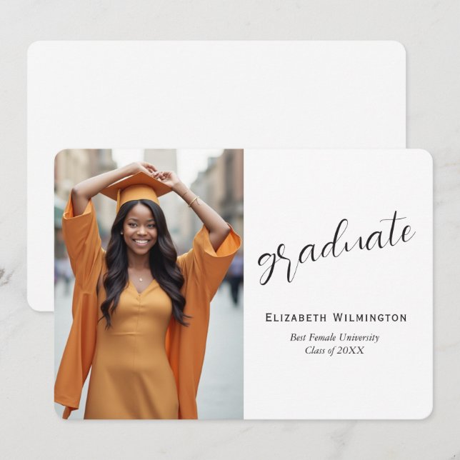 Simple White Black Photo Graduation Announcement (Front/Back)