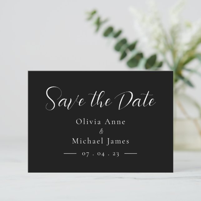 Simple White & Black Script Save the Date (Standing Front)