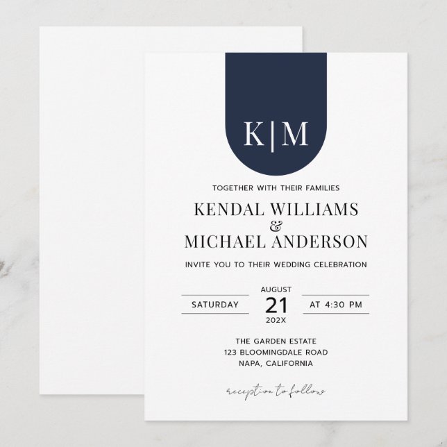 Simple white blue elegant monogram wedding invitation (Front/Back)