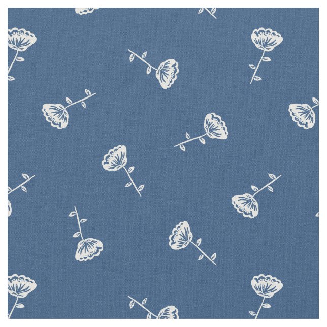 Simple White Blue Floral Pattern Fabric (Close Up)