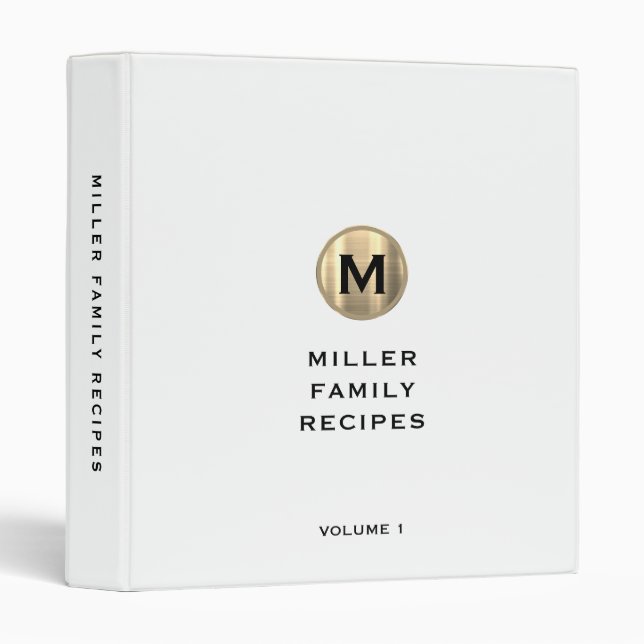 Simple White Brushed Gold Monogram Family Recipe Binder (Front/Spine)