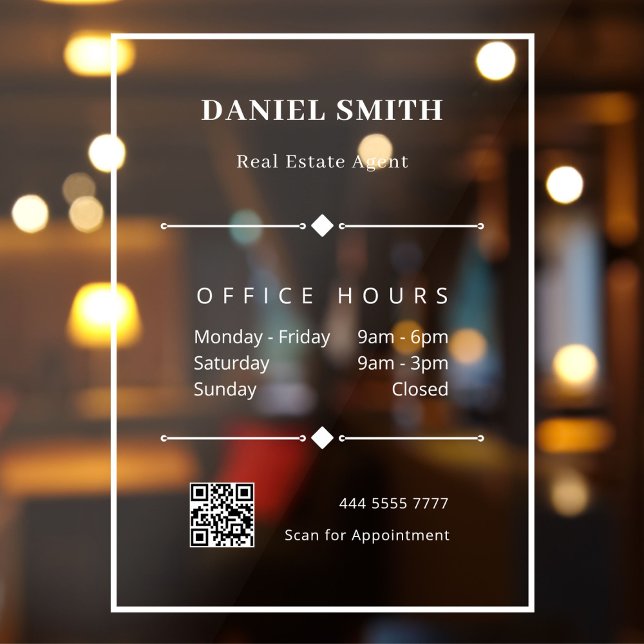 Simple White Business Office QR Code Office Hours Window Cling (Simple Business Sign with Office Hours window cling)
