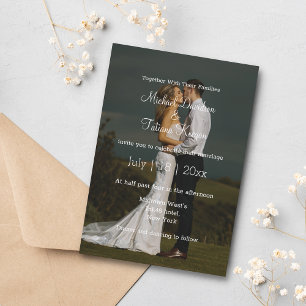 simple white calligraphy wedding day photo invitation