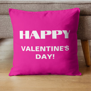 Simple White Clean Happy Valentines Day   Hot Pink Throw Pillow