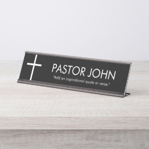 Simple White Cross with Name and Quote on Black Desk Name Plate