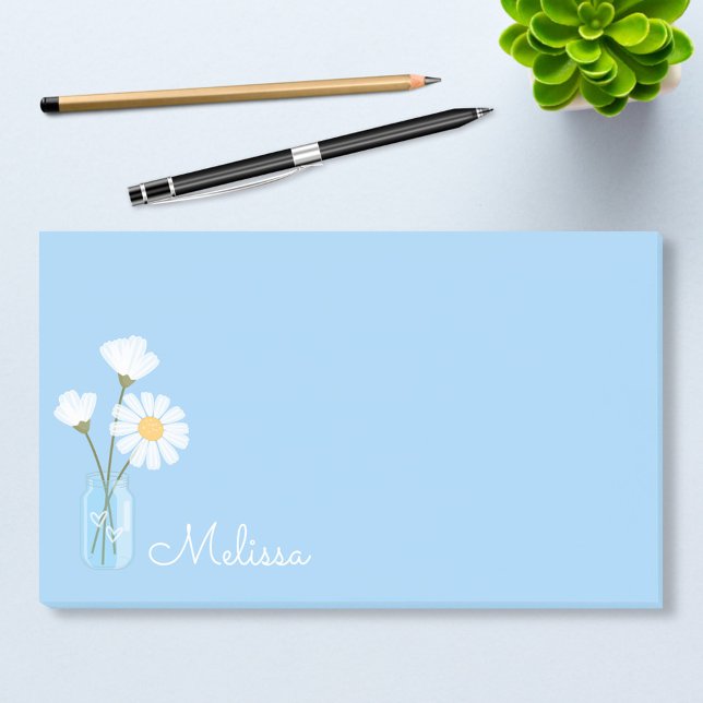 Simple White Daisies Mason Jar Hearts Custom Name Post-it Notes (Creator Uploaded)