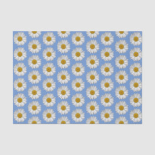 Simple White Daisy Flower Pattern on Blue Tissue Paper