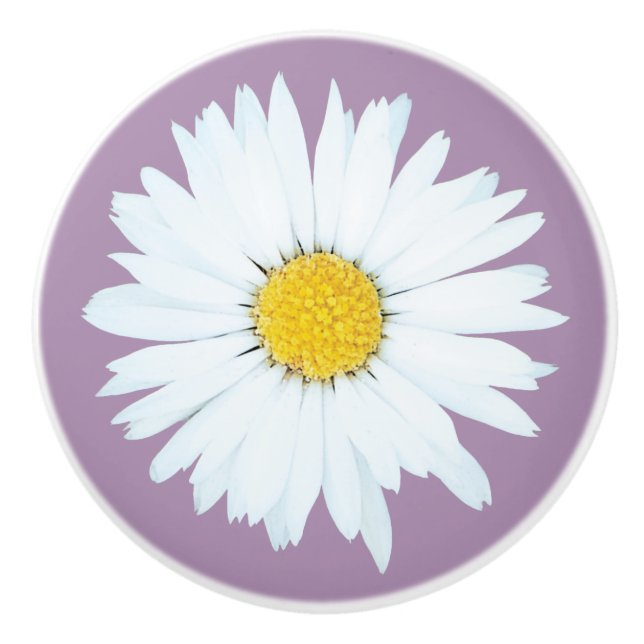 Simple White Daisy on Purple Ceramic Knob (Front)