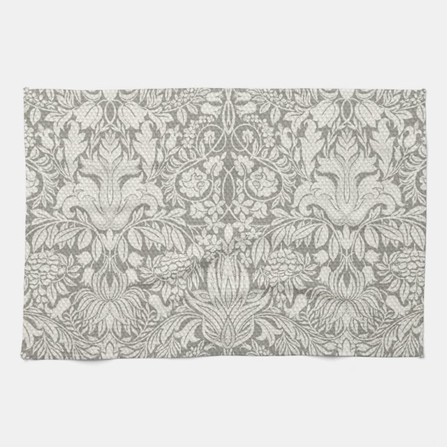 Simple White Damask Floral Pattern Kitchen Towel (Horizontal)