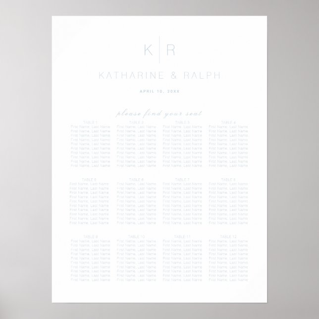 Simple White Dusty Blue Wedding Seating Chart (Front)