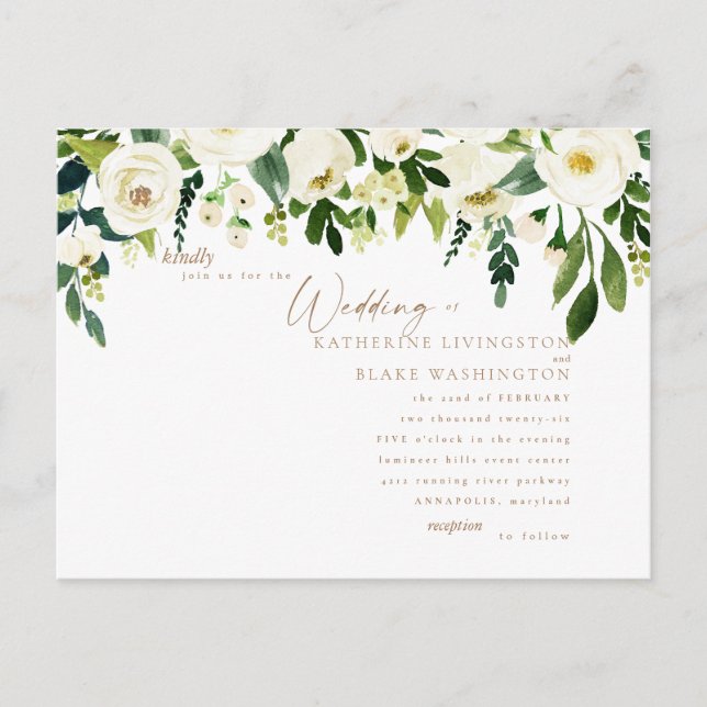 Simple White Floral & Gold Wedding Invitation Postcard (Front)
