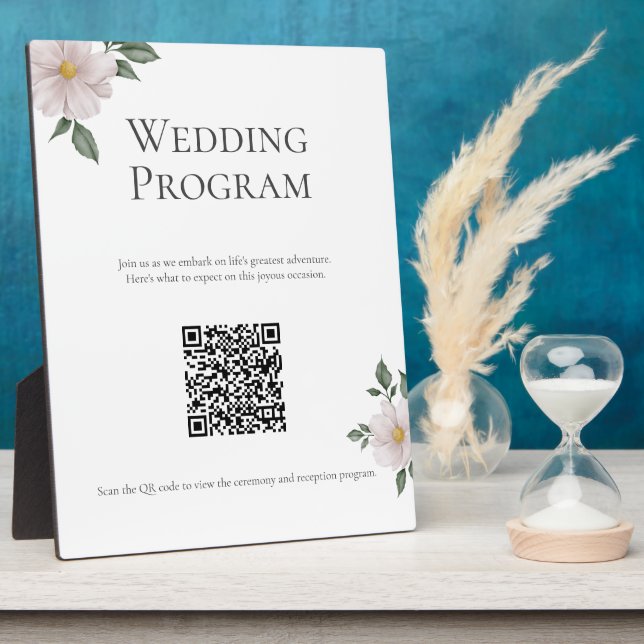 Simple White Floral Wedding Program Sign Plaque (Side)