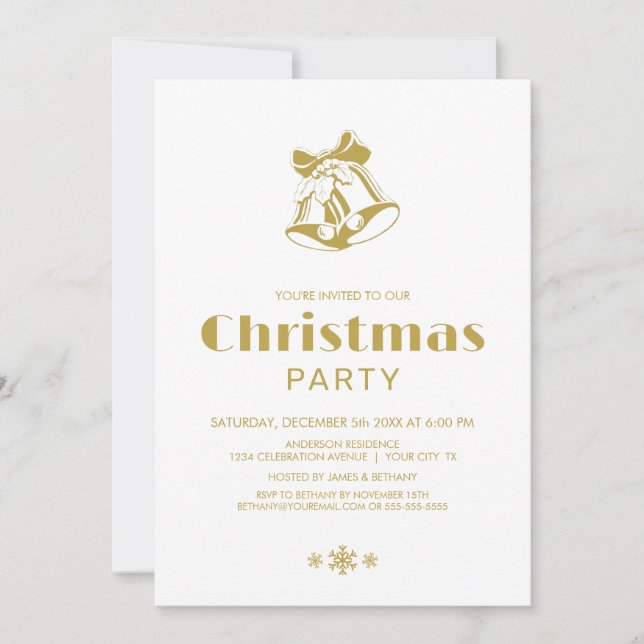Simple White Gold Christmas Bells Party Invitation (Front)