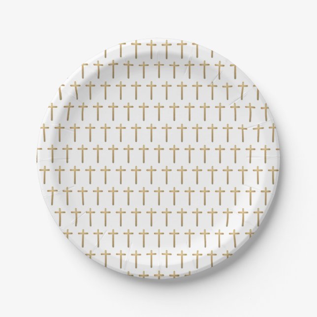 Simple white Gold Cross pattern Baby Baptism  Paper Plate (Front)