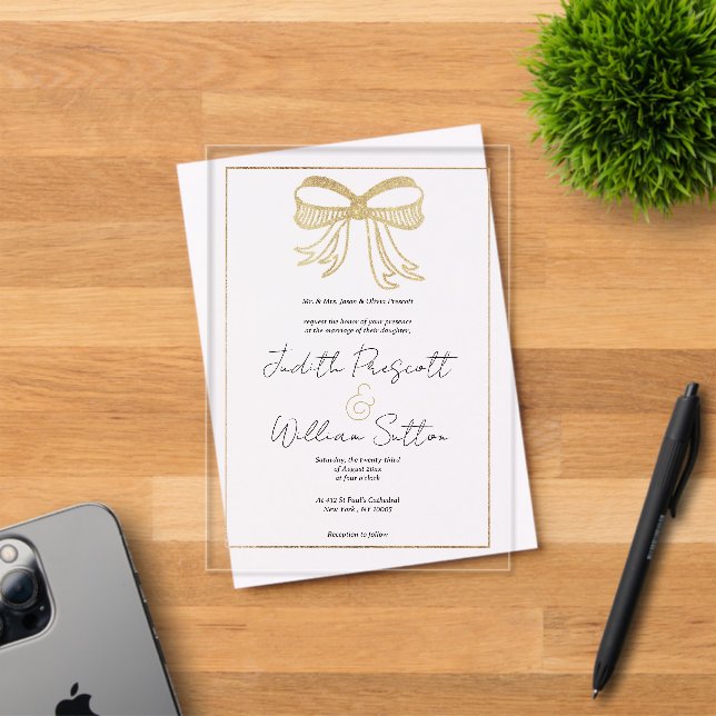 Simple white gold glitter bow ribbon Wedding Acrylic Invitations (Insitu (Invitation Card))