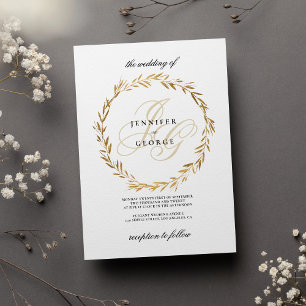 Simple white gold leaf monogram initials Wedding Invitation