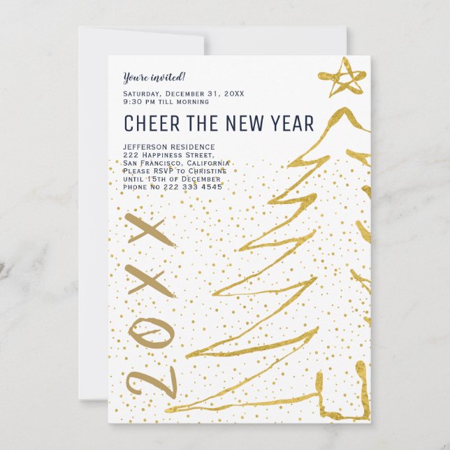 Simple white gold tree Cheer the New Year party Invitation (Front)