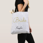 Simple White Gold Wedding Bride Tote Bag<br><div class="desc">Simple white gold black wedding Bride custom design name tote bag. Floral minimalist pattern customize typography. Classy,  chic,  elegant,  modern,  trendy,  stylish,  beautiful bridal succulent metallic. To change script,  click edit design. Image copyright Marg Seregelyi Photography.</div>