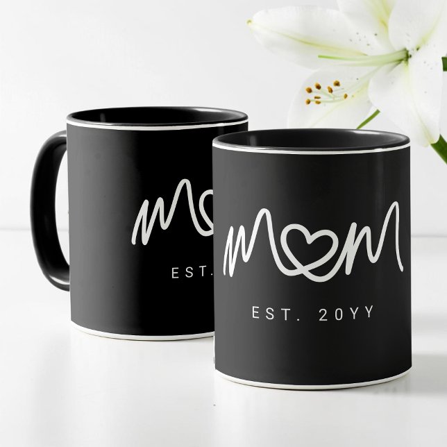 Simple White Heart  Script  Modern Mom Established Mug (Simple White Heart Script Modern Mom Established Mug)