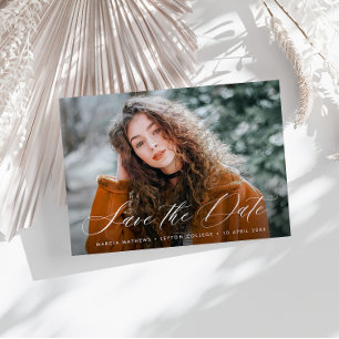 Simple white lettering graduation save the date postcard
