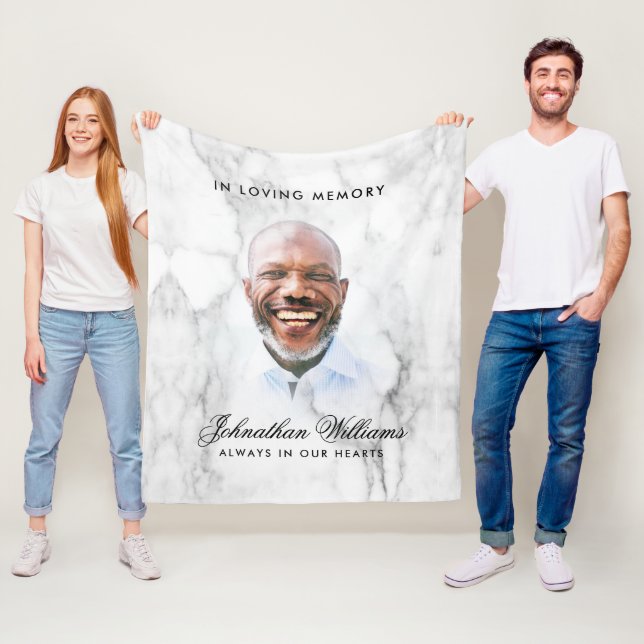 Simple White Marble Custom Text Photo Remembrance Fleece Blanket (In Situ)
