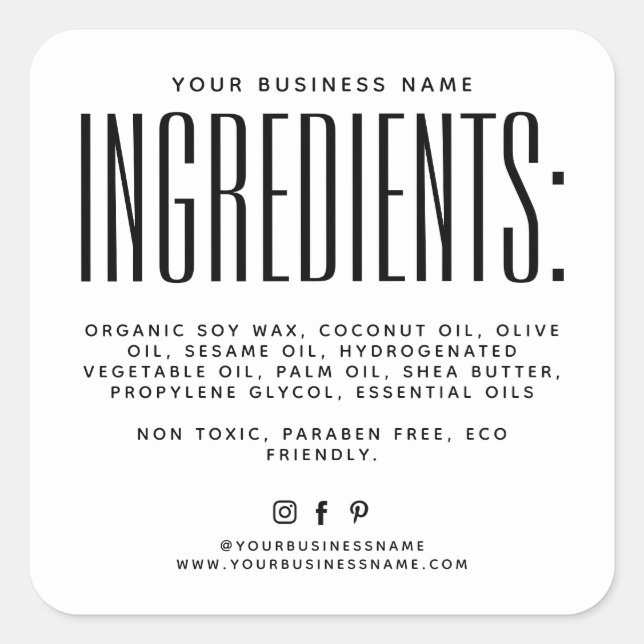 Simple white minimalist candle ingredients label (Front)