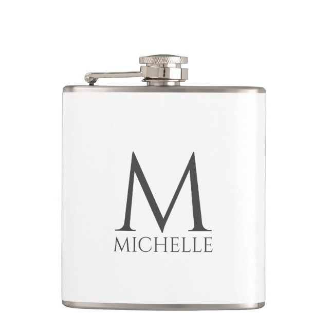 Simple White Minimalist Design Name Monogram Hip Flask (Front)