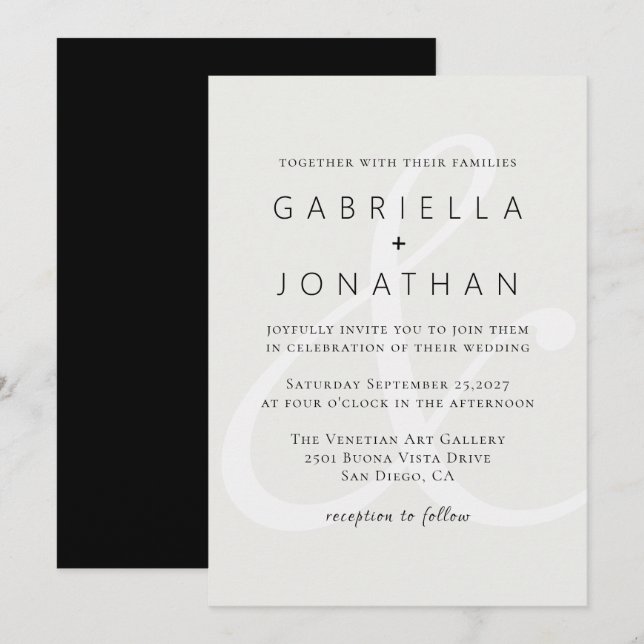 Simple White Monochromatic Ampersand Wedding Invitation (Front/Back)