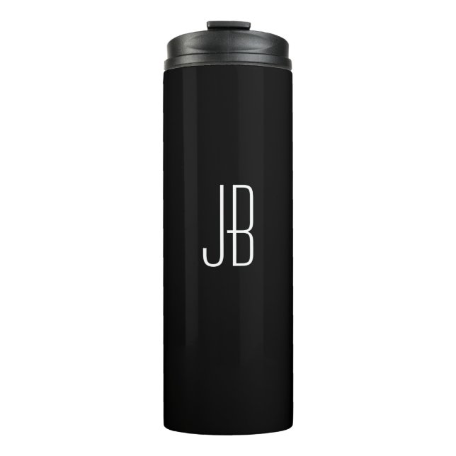Simple White Monogram or Name on Black Thermal Tumbler (Front)