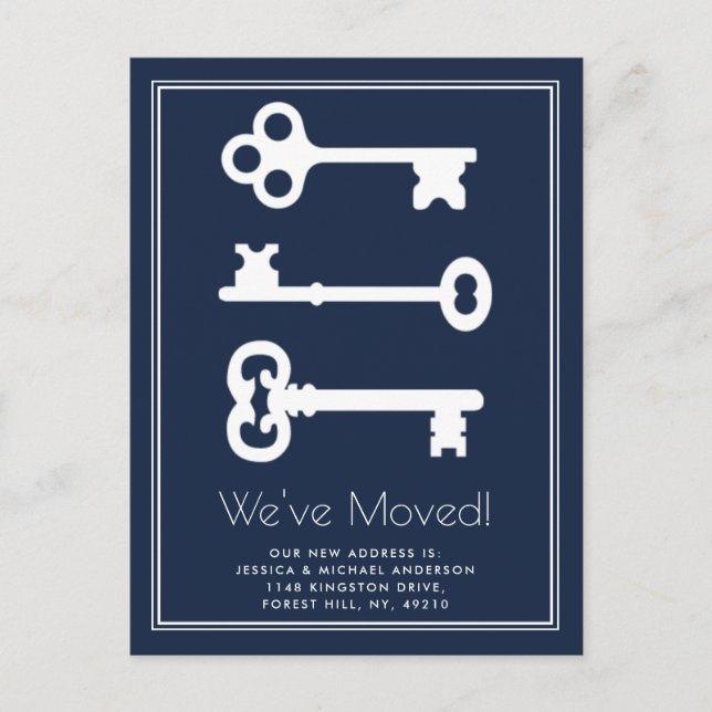 Simple White Navy Minimal Key Moving Announcement (Front)