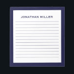 Simple White Navy Typographic Name Lined Notepad<br><div class="desc">A professional lined notepad with a minimalist design in a navy blue and white. Custom monogram initial and name on a simple white background,  framed by a navy border. Personalize using the fields provided or use the 'message' button to contact the designer for help.</div>