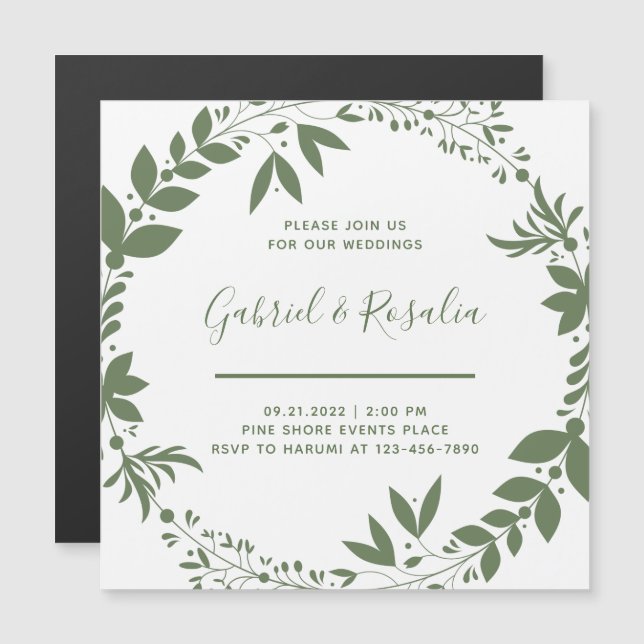 Simple White & Olive Green Wreath Elegant Wedding Magnetic Invitation (Front/Back)