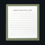 Simple White Olive Typographic Name Lined Notepad<br><div class="desc">A professional lined notepad with a minimalist design in an olive green and white colour palette. Custom monogram initial and name on a simple white background,  framed by an olive border. Personalize using the fields provided or use the 'message' button to contact the designer for help.</div>