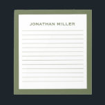 Simple White Olive Typographic Name Lined Notepad<br><div class="desc">A professional lined notepad with a minimalist design in an olive green and white colour palette. Custom monogram initial and name on a simple white background,  framed by an olive border. Personalize using the fields provided or use the 'message' button to contact the designer for help.</div>