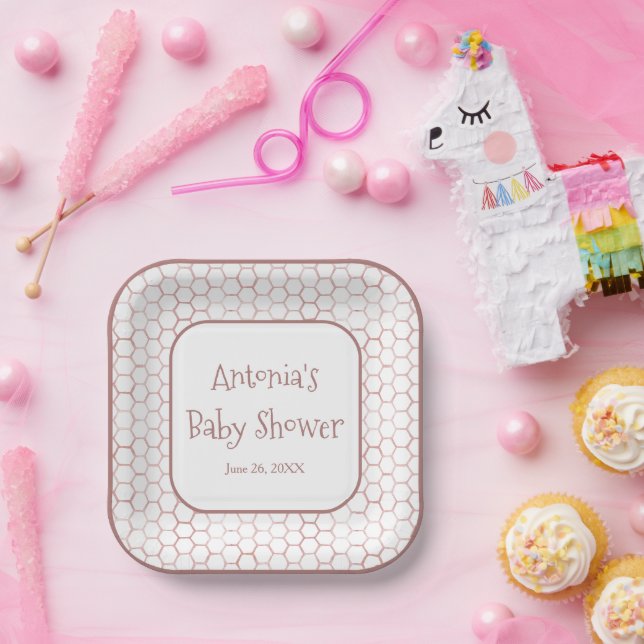 Simple White Pink Beehive Baby Shower Paper Plate (Party)