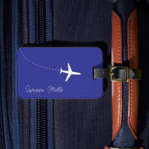 Simple white plane with dotted route blue luggage tag