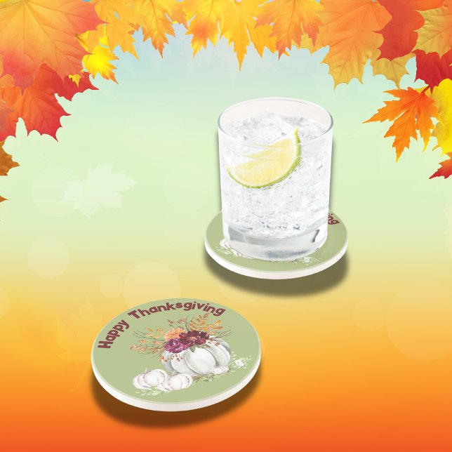 Simple White Pumpkin & Floral Thanksgiving | Coaster (Creator Uploaded)