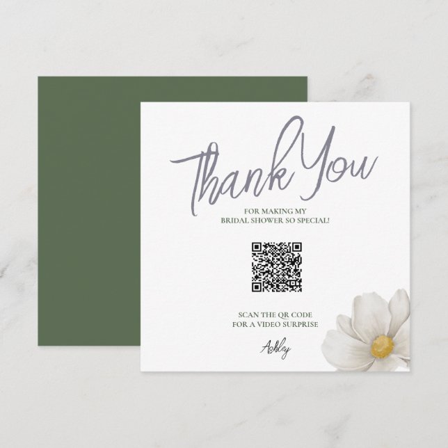 Simple White QR Code Bridal Shower Thank You Card (Front/Back)